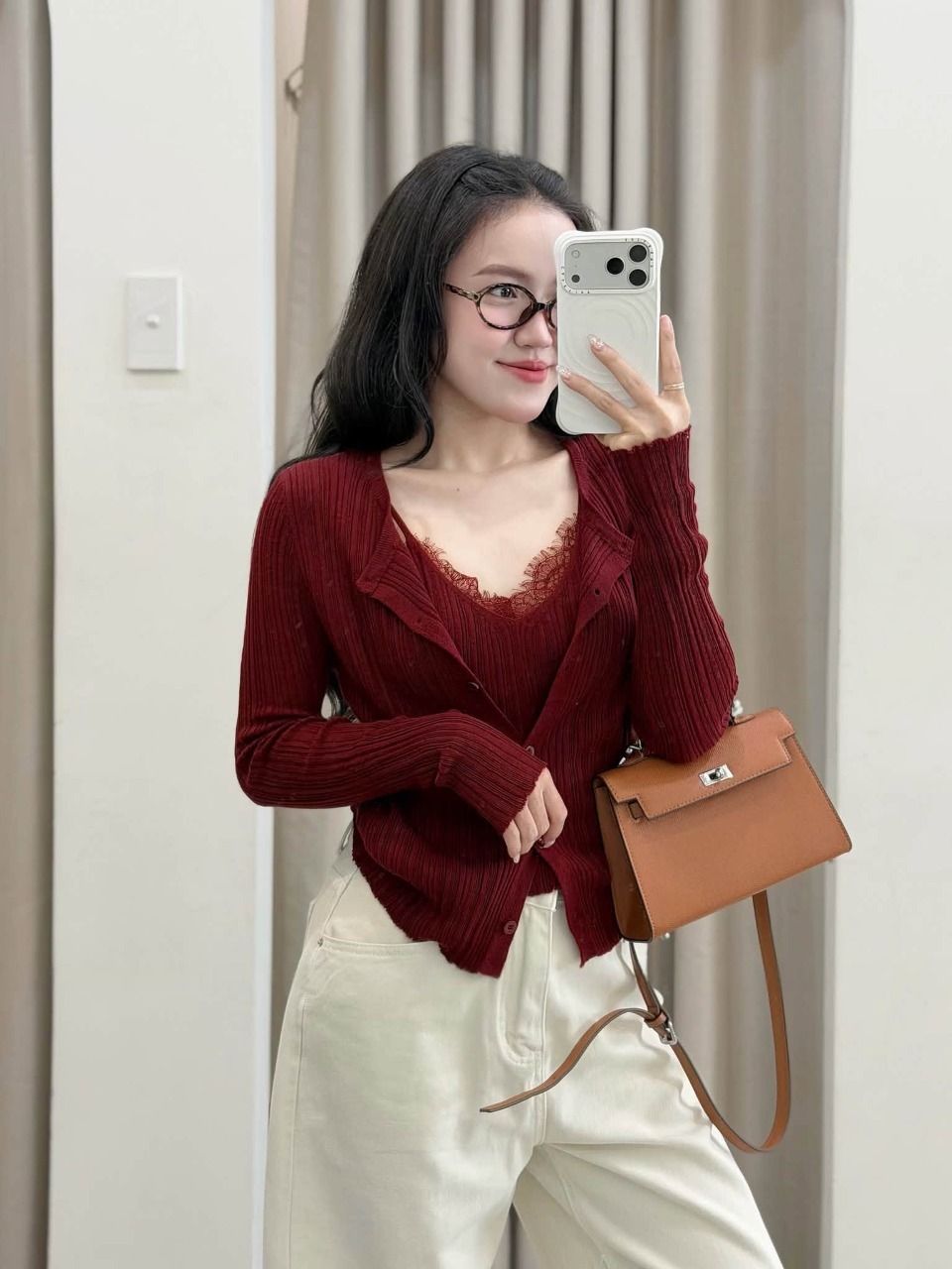 Set Áo Cardigan Len Gân + Áo Dây Ren - HCOM28055