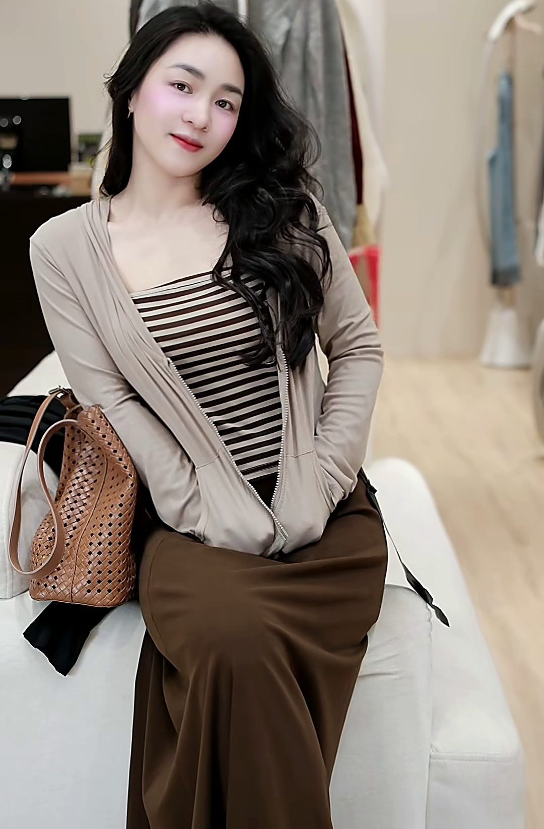 Set 3 Món Áo Hai Dây Sọc + Cardigan + Chân Váy Dài Umi HCOM79575 - ảnh 1